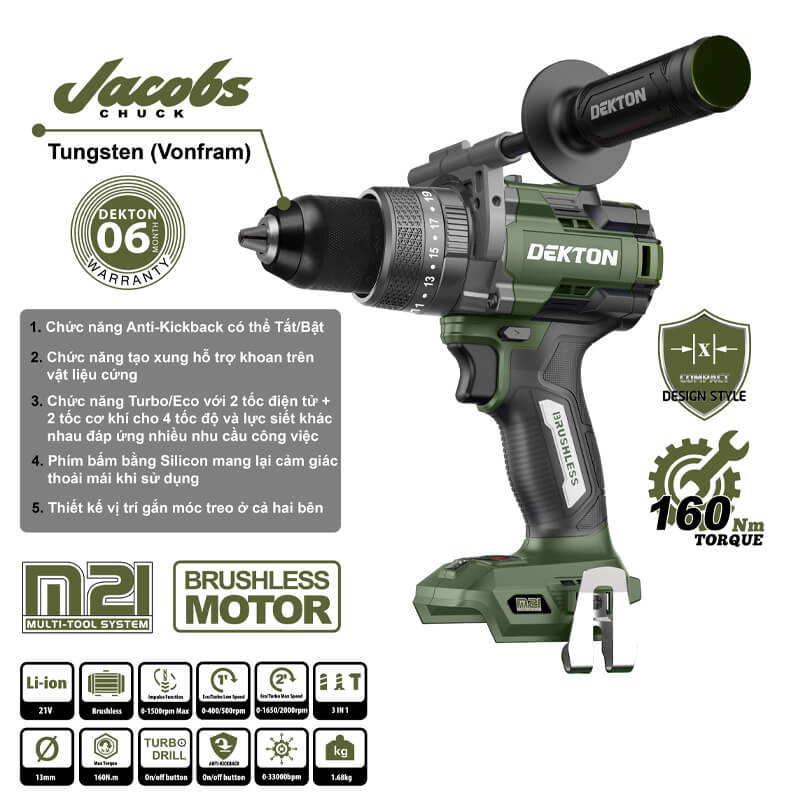 Máy Khoan Pin DEKTON M21-ID13160XPRO 21V Siêu Mạnh (160Nm) - Bản Nâng Cấp Chuyên Nghiệp - Ảnh 4