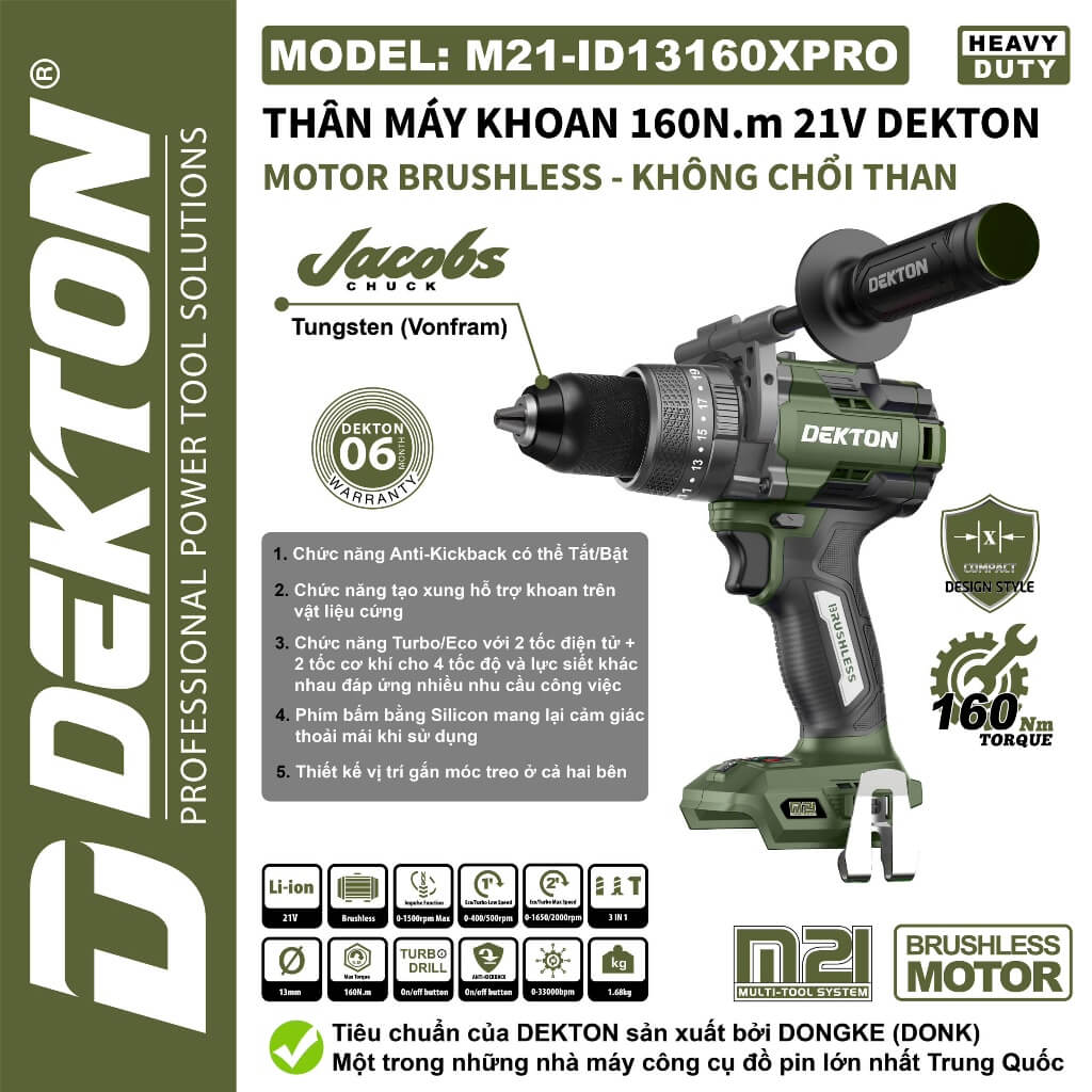 Máy Khoan Pin DEKTON M21-ID13160XPRO 21V Siêu Mạnh (160Nm) - Bản Nâng Cấp Chuyên Nghiệp